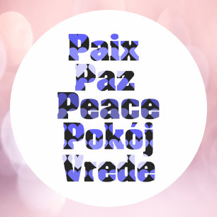 Sticker Rond Typographie Paix en Plusieurs Langues Cœurs Bleus