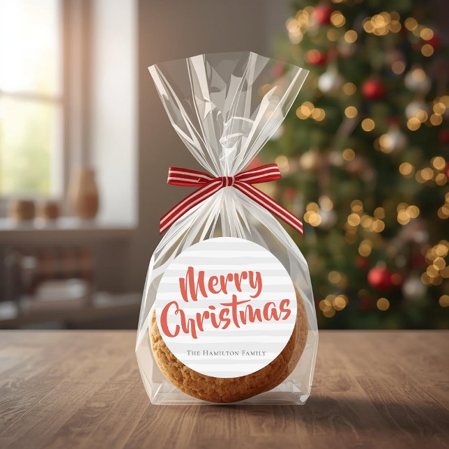 Sticker Rond Typographie Personnalisé Noël gris et orange (Typography Personalized Christmas Grey and Orange Classic Round Sticker by Ricaso. Ideal for gifting)