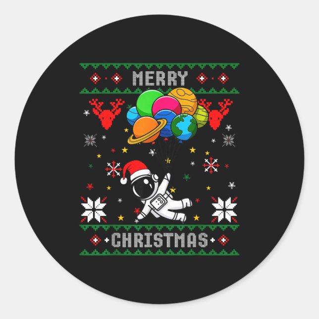 Sticker Rond Ugly Merry Christmas Santa Hat Tree Astronaut Hold (Devant)