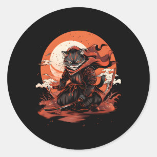 Sticker Rond Ukiyo-E Chat japonais Style Anime Ninja Chat