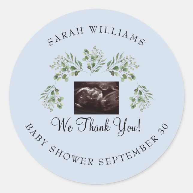 Sticker Rond Ultrasound Photo Baby shower bleu Merci (Devant)