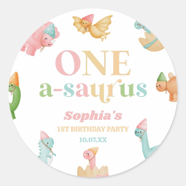 Sticker Rond Un A-Saurus Dinosaur 1ère fête d'anniversaire (Devant)