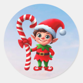 Sticker Rond Un adorable elfe de Noël tenant un sucre de canne