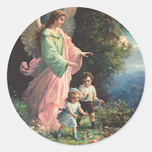Sticker Rond Un ange gardien protégeant les enfants près d'une  (Devant)