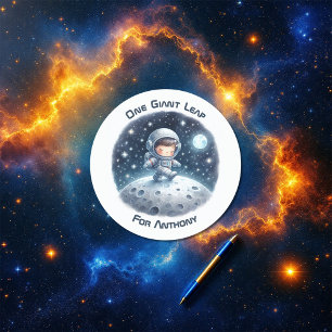 Sticker Rond Un astronaute géant bondit fête d'anniversaire