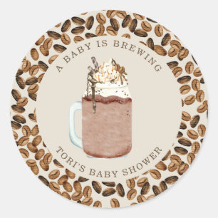 Sticker Rond Un Bébé brasse du Baby shower de fèves de café gla