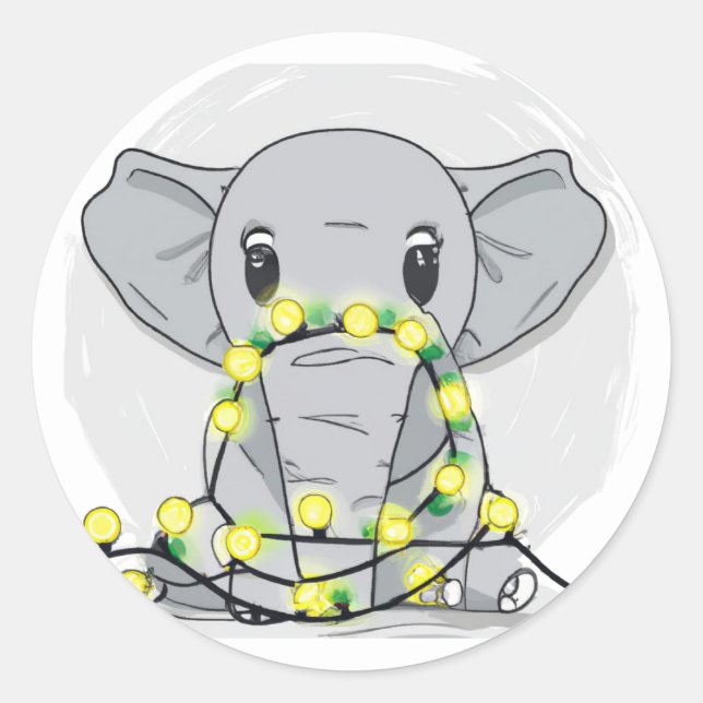 Sticker Rond Un bel éléphant de Noël enveloppé de lumières (Devant)