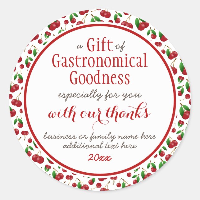 Sticker Rond "un cadeau de bonté gastronomique" cerises rouges (Devant)