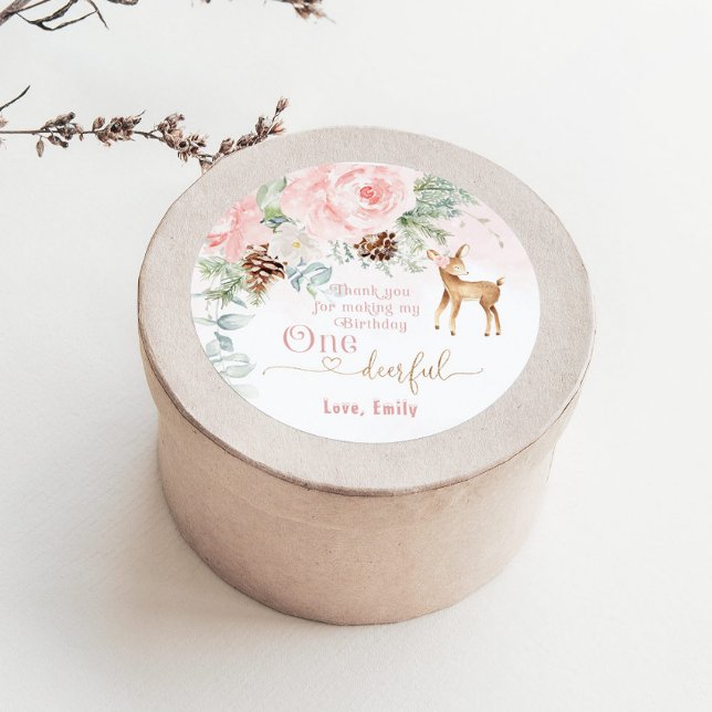 Sticker Rond Un cerf rosé d'hiver rose vif 1ère fille anniversa (Créateur téléchargé)