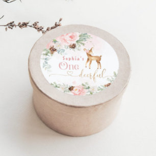 Sticker Rond Un cerf rose vif 1ère fille anniversaire