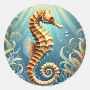Sticker Rond Un élégant hippocampe nageant sous l'eau