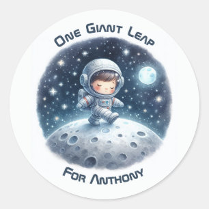 Sticker Rond Un Garçon Astronaute "One Giant Leap" Fête d'Anniv