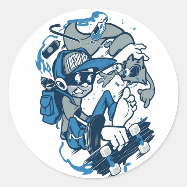 Sticker Rond Un Garçon De L'École Avec Longboard (Devant)