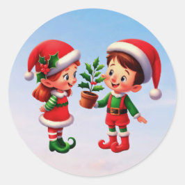 Sticker Rond Un garçon heureux et une fille Elf de Noël