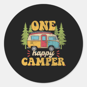 Sticker Rond Un Happy Camper 1er Anniversaire Fête Rétro Mères