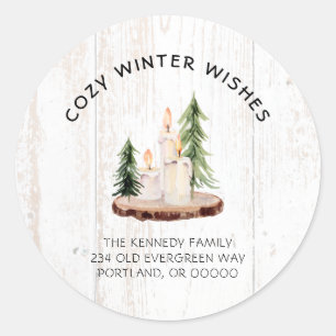 Sticker Rond Un hiver doux souhaits Blanc Distressed Bois Noël