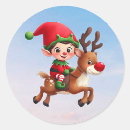 Sticker Rond Un joli elfe de Noël en voyage sur Rudolph