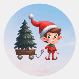 Sticker Rond Un joli elfe de Noël tire une charrette avec un ar