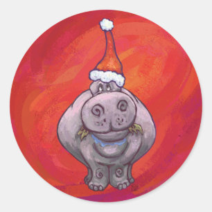 Sticker Rond Un joli hippo à Santa Hat en rouge