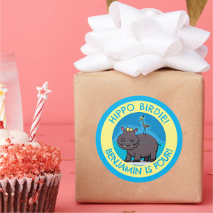 Sticker Rond Un joli hippo avec dessin d'anniversaire personnal