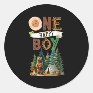 Sticker Rond Un joyeux garçon campeur premier anniversaire ours