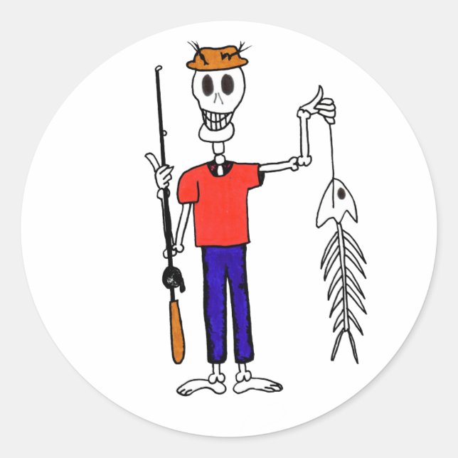 Sticker Rond Un joyeux pêcheur de squelette avec un poisson de  (Devant)