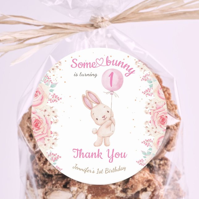 Sticker Rond Un lapin est UN ! Fille rose 1er anniversaire (Créateur téléchargé)