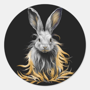 Sticker Rond Un lapin gris génial en feu