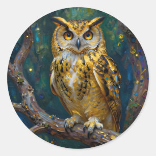 Sticker Rond Un majestueux hibou bleu et or