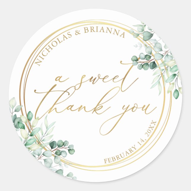 Sticker Rond Un Mariage d'Eucalyptus en or doux Merci (Devant)