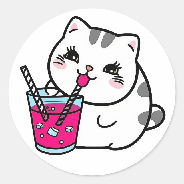 Sticker Rond Un mignon chat rose boit une paille (Devant)