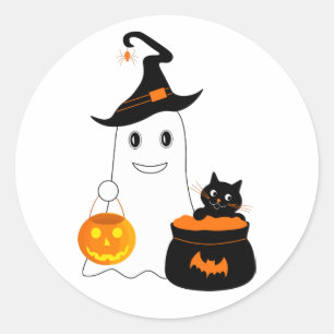 Sticker Rond Un mignon fantôme avec chat noir célébrer l'hallow