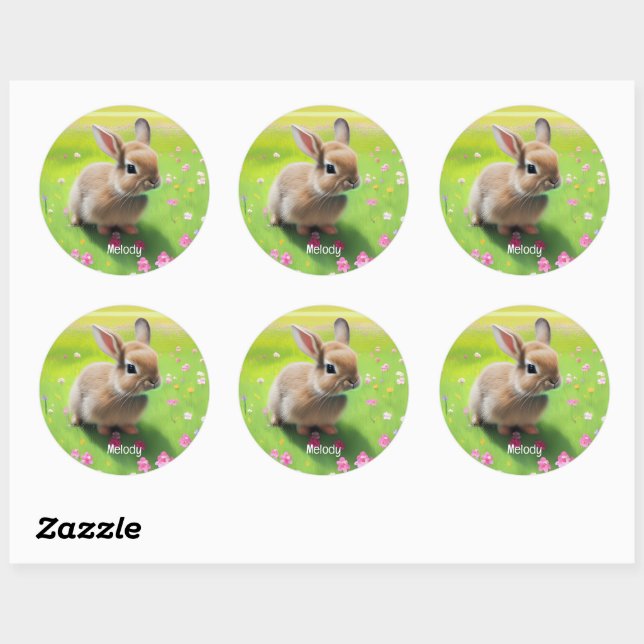 Sticker Rond Un mignon lapin dans une prairie fleurie (Feuille)