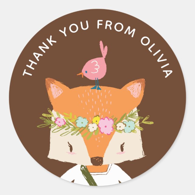 Sticker Rond Un mignon renard boisé. Enfants / bébé merci (Devant)
