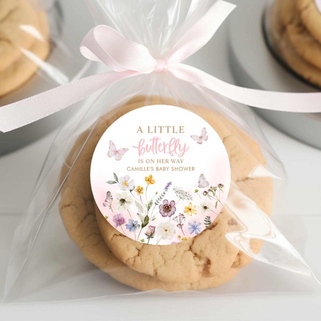 Sticker Rond Un petit baby shower de fille papillon (Butterfly and Wildflower Favor Stickers)