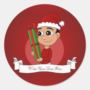 Sticker Rond Un petit mignon tenant un cadeau de Noël