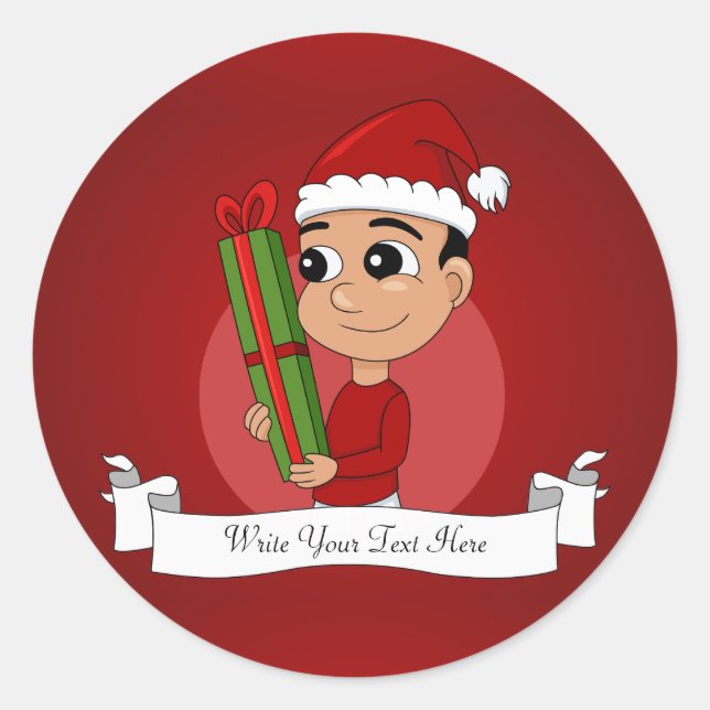 Sticker Rond Un petit mignon tenant un cadeau de Noël (Devant)