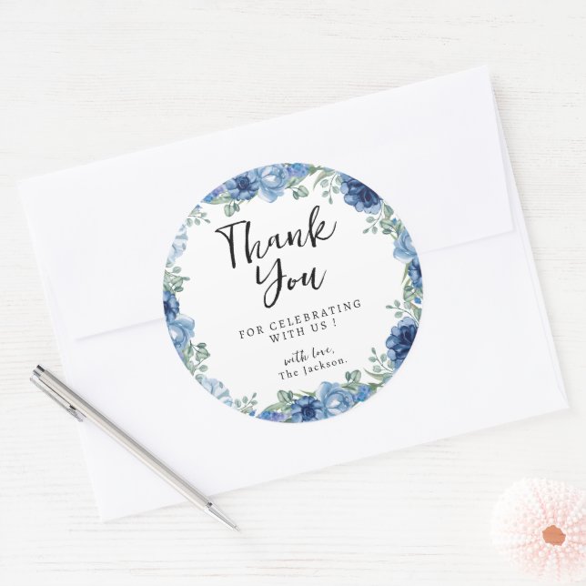 Sticker Rond Un Petit Papillon bleu Floral Merci rustique (Enveloppe)