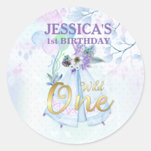 Sticker Rond Un premier anniversaire sauvage bleu TeePee Boho