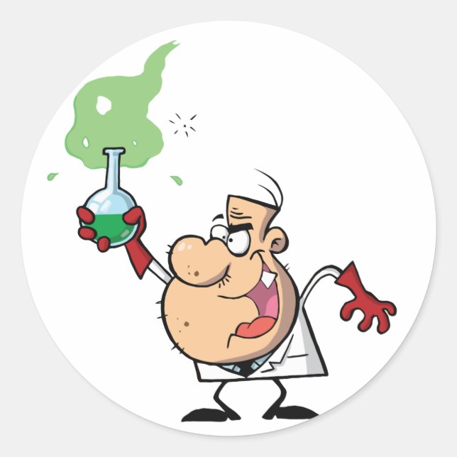 Sticker Rond Un scientifique fou tenant une potion verte (Devant)