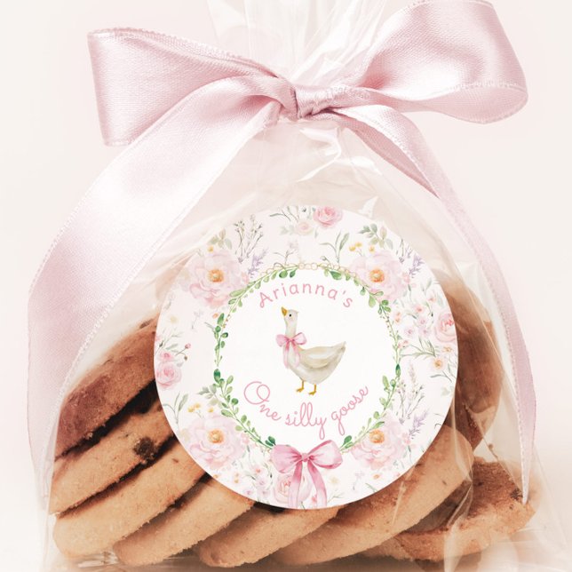 Sticker Rond Un sot oie Blush rose Bow fille 1er anniversaire (Créateur téléchargé)
