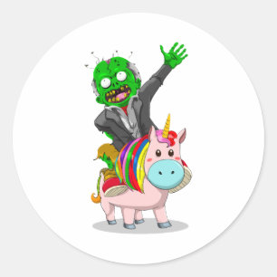 Sticker Rond Un Zombie vert est à cheval sur une licorne rose m