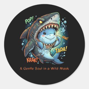 Sticker Rond Une âme douce dans un masque sauvage Requin mignon