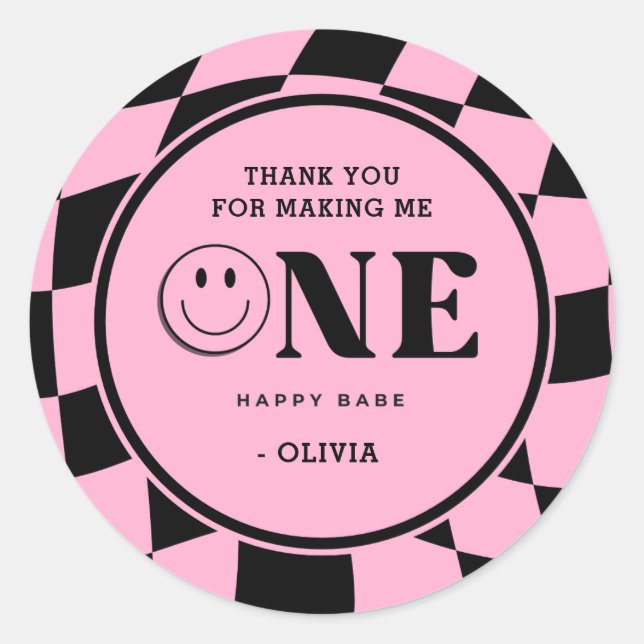 Sticker Rond Une Bébé Joyeuse fille rose 1er anniversaire Merci (Devant)