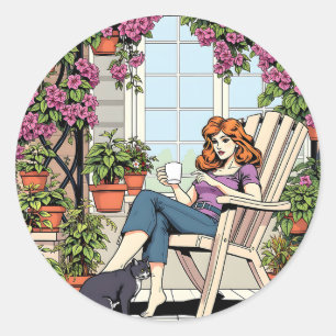 Sticker Rond Une femme avec café, chat et Plante