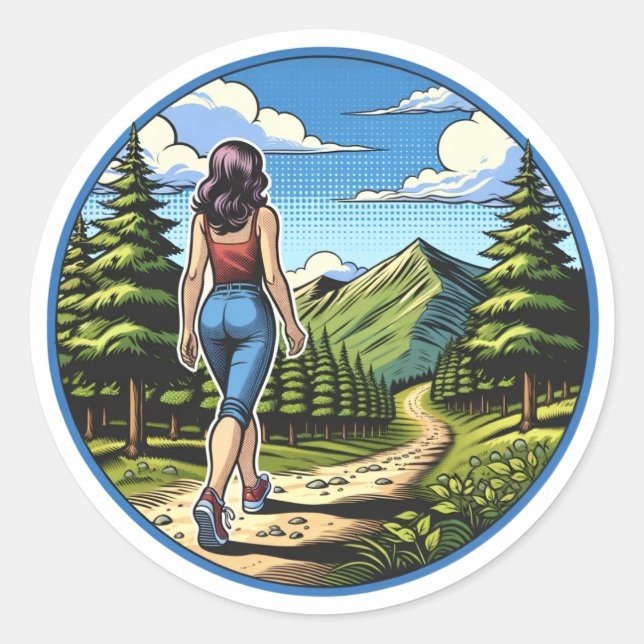 Sticker Rond Une femme Randonnée un procès pour la nature (Devant)