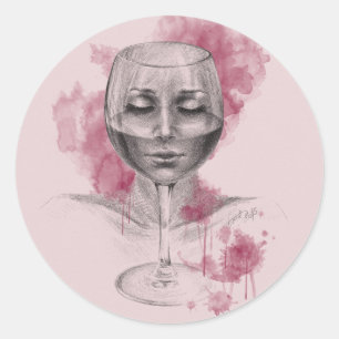 Sticker Rond Une femme visage dans le verre de vin dessin surré