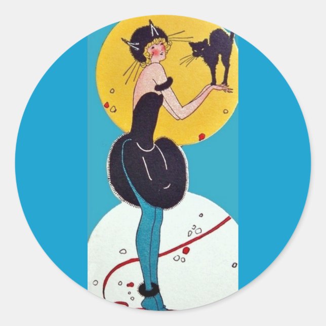 Sticker Rond Une fille en costume de chat avec son chat noir (Devant)