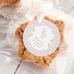 Sticker Rond Une joyeuse oie rose fille 1er anniversaire