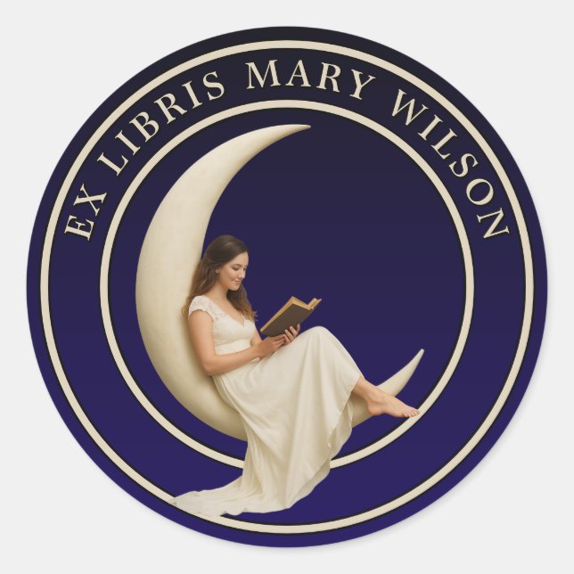Sticker Rond Une Lecture De Crescent Moon Ex Libris Modèle (Devant)